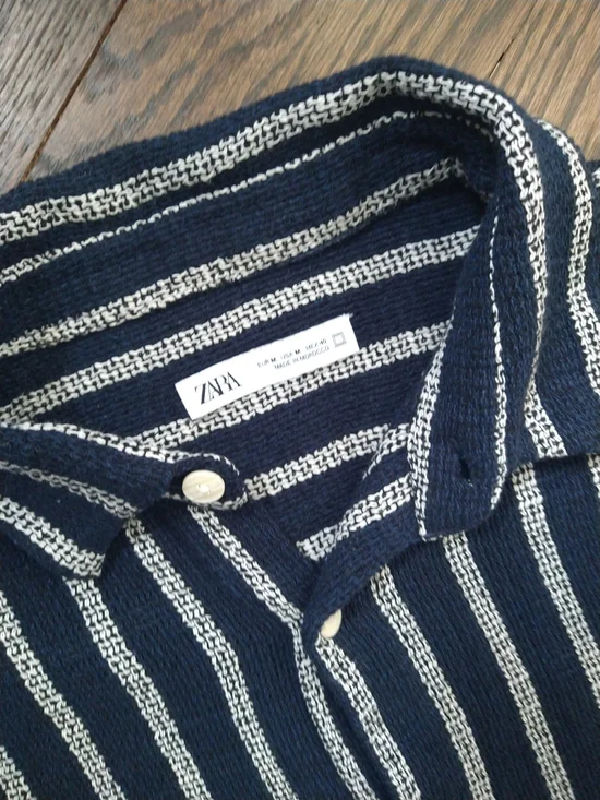 ZARA Navy & White Striped Knit Polo Shirt - Picture 1 of 7